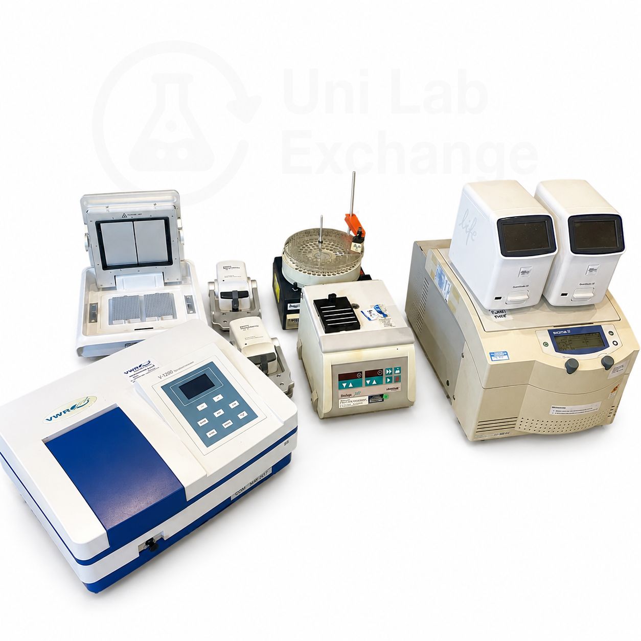 Recovered centrifuges, thermocyclers and a VWR spectrophotometer