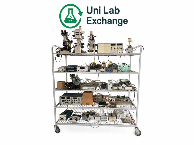 Recovered Olympus microscopes, Bio-Rad electrophoresis equipment and power supplies on a trolley