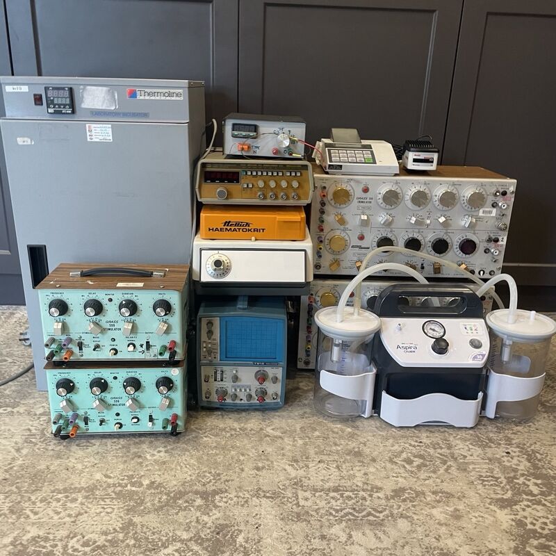 A recovered lab incubator, Grass stimulators, an oscilloscope and other equipment