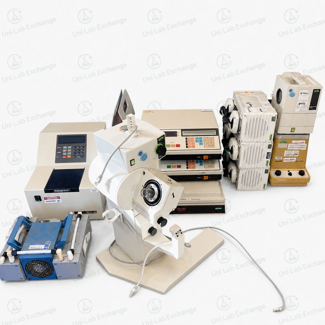 Recovered vacuum pumps, a Rotavap, electrophoresis power supplies and a centrifuge